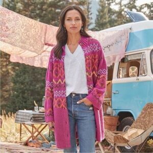 Sundance La Jolla Fair Isle Pink Button Closure Chunky Long Sweater Cardigan
